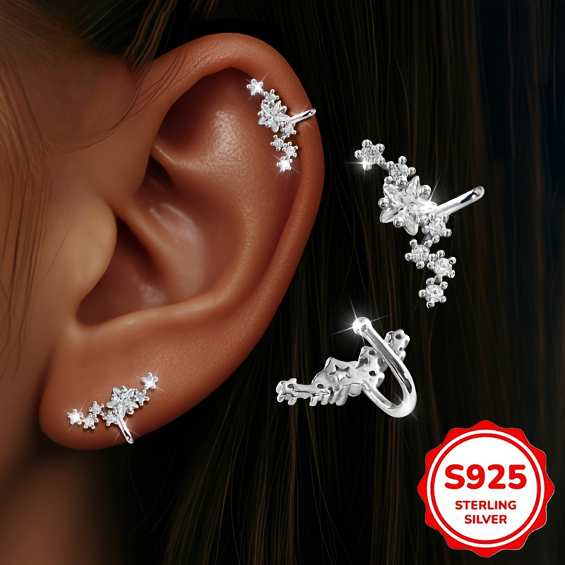 925 Silver Clip-On Stud Earrings with Square Star Row Decoration